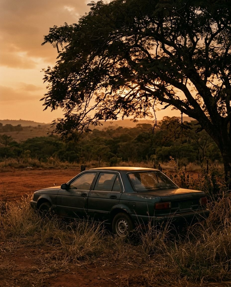 Carro antigo parado debaixo de uma árvore num terreno de terra vermelha, ao entardecer.