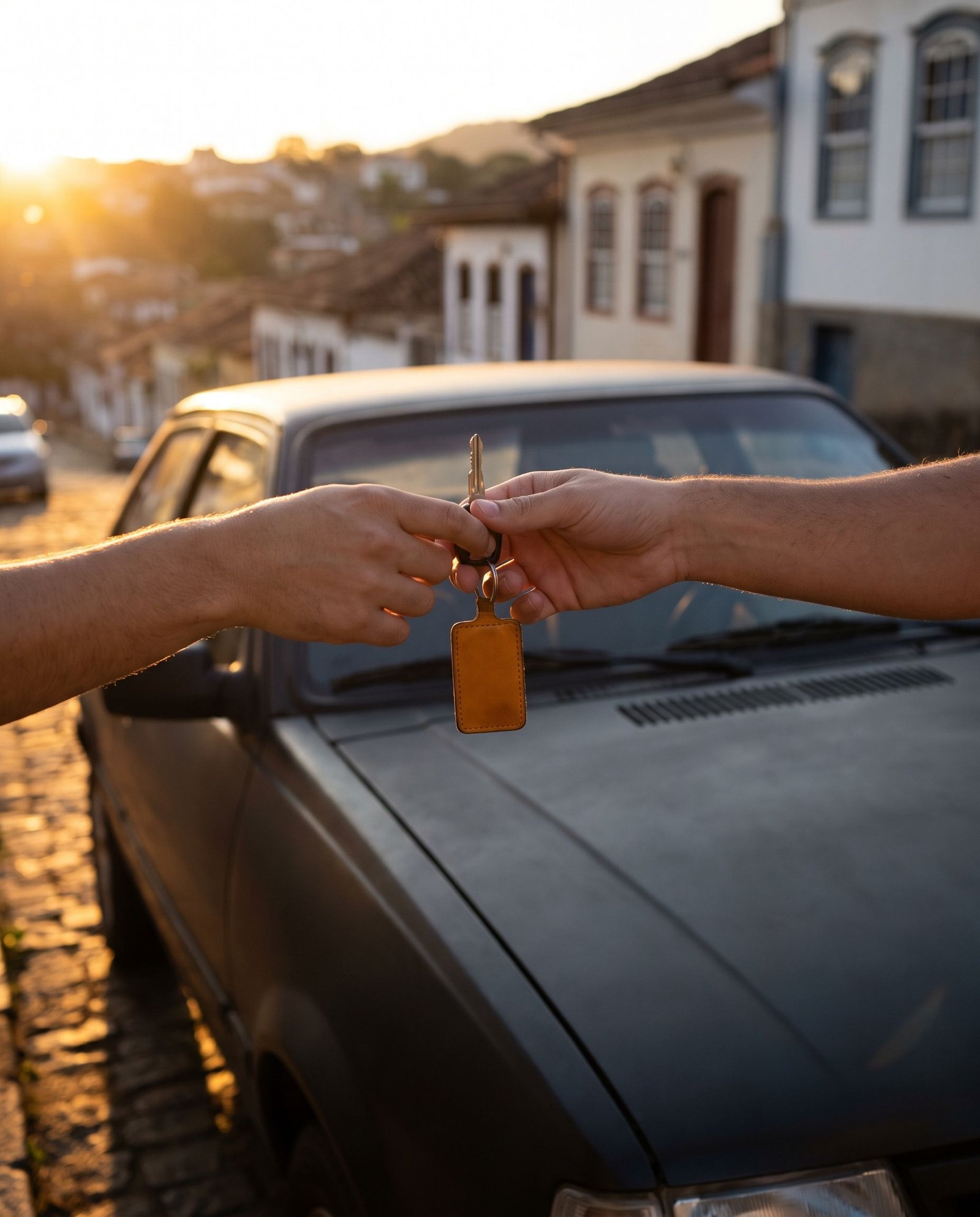 Duas mãos passando a chave de um carro, na frente do veículo, numa rua de casarões ao pôr do sol.