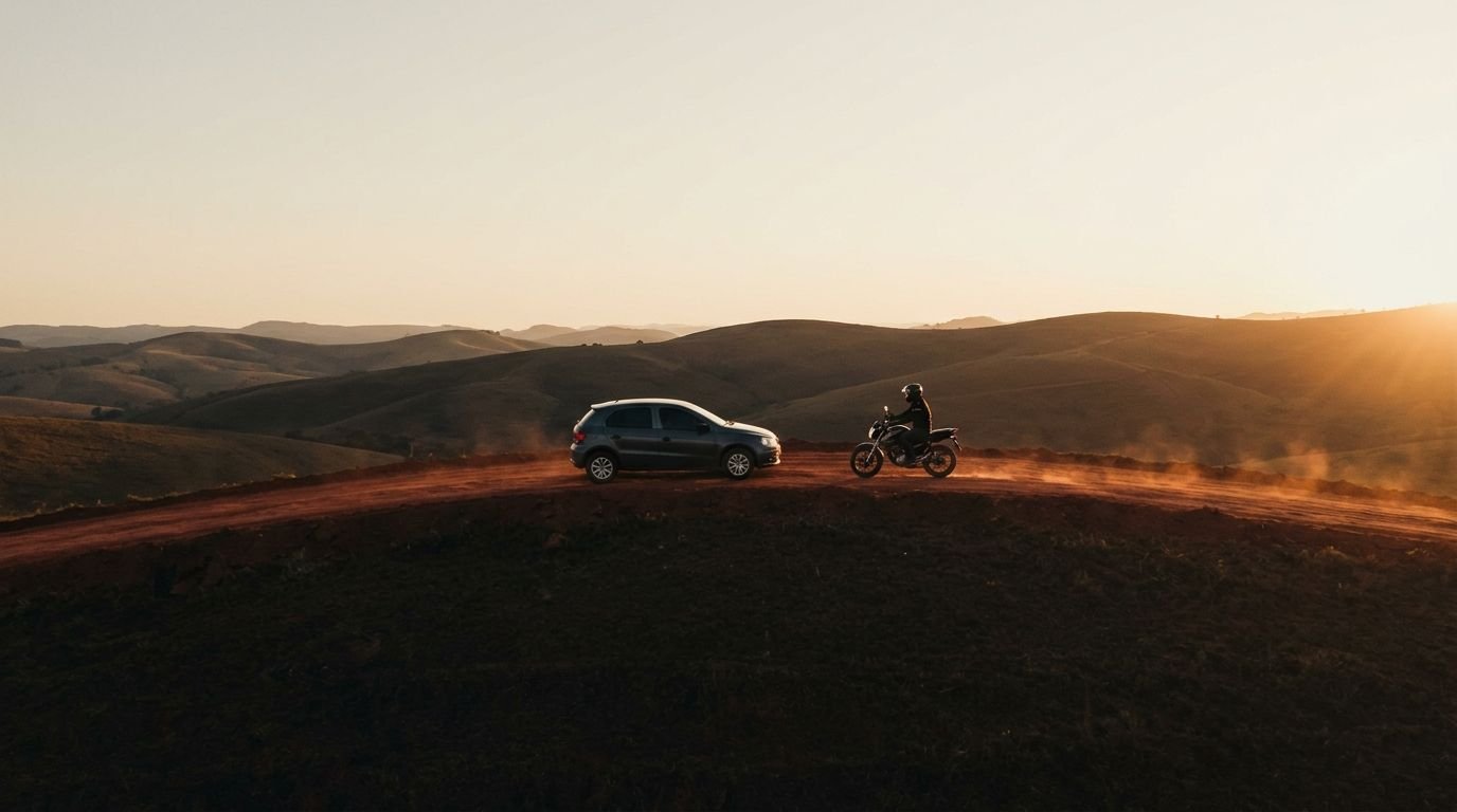 Carro e moto de perfil numa estrada de terra vermelha entre os morros de Minas, contra o sol nascendo.
