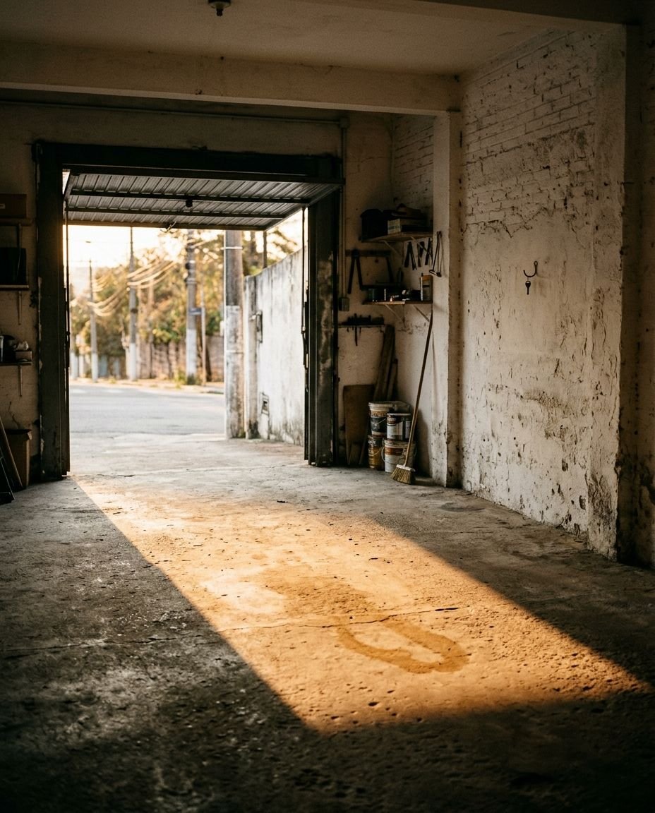 Garagem vazia com a porta aberta e o sol da tarde no chão.