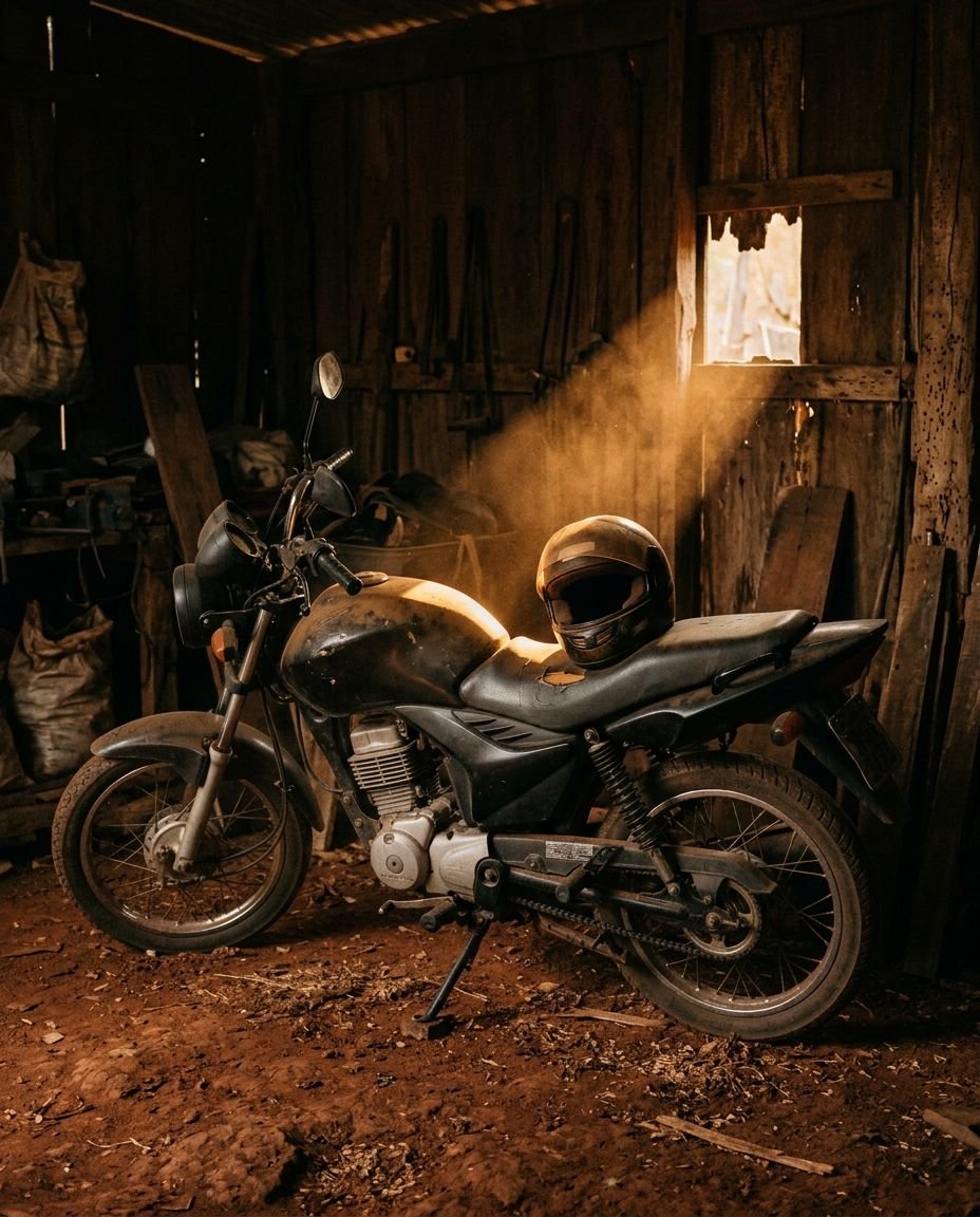 Moto parada num galpão de quintal, com um raio de sol no tanque e o capacete no banco.