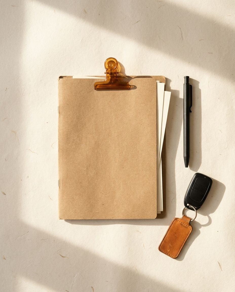 Pasta de papel com folhas em branco, clipe âmbar, caneta e chave de carro sobre uma mesa clara.