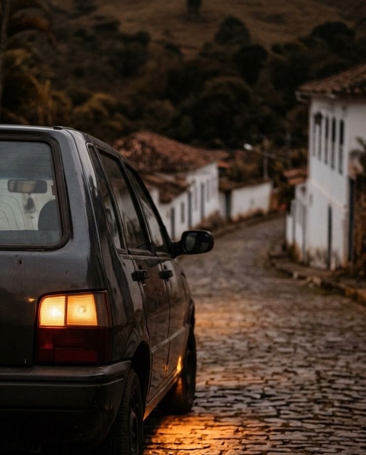 Pisca aceso na traseira de um carro usado parado numa rua de pedra, ao anoitecer.