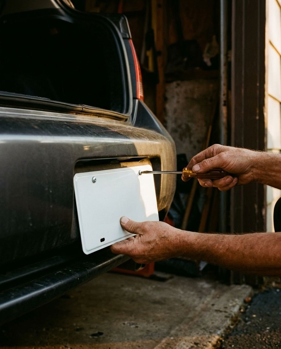 Mãos parafusando uma placa ainda em branco na traseira de um carro.