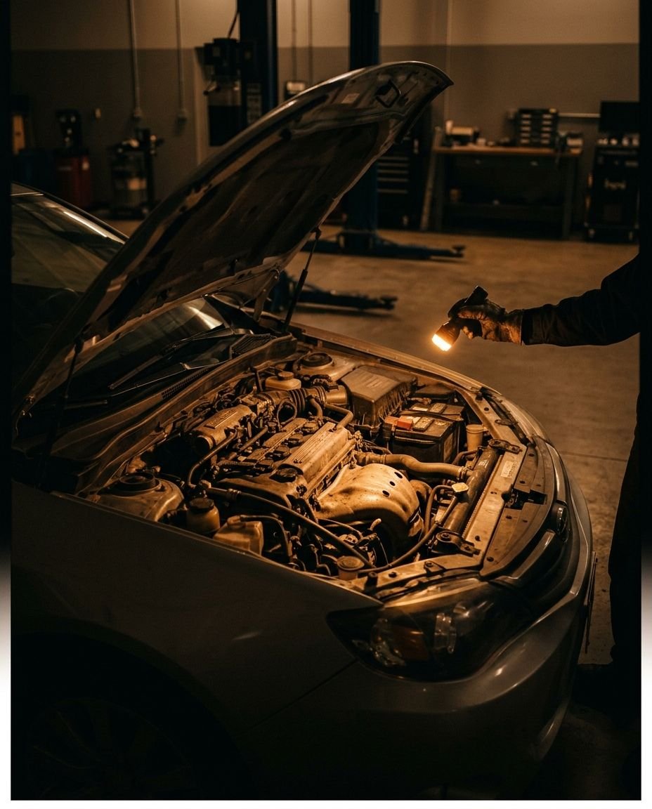 Mão de luva iluminando o motor de um carro com uma lanterna, durante a vistoria.
